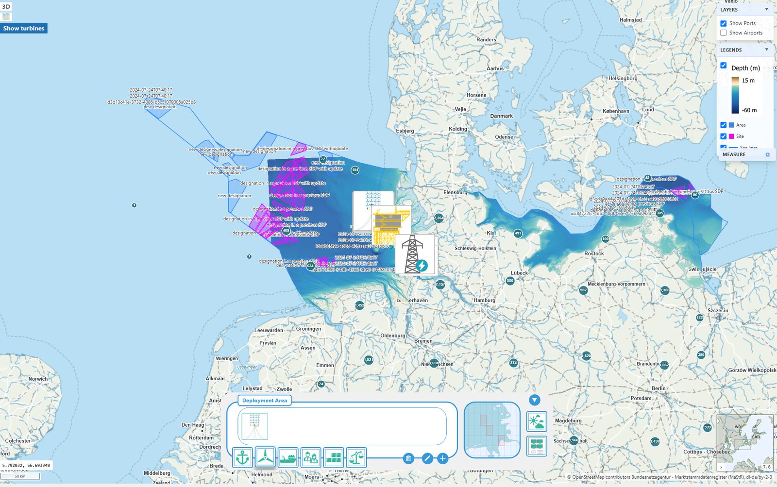 Map layers with bathymetry, designations, and infrastructure